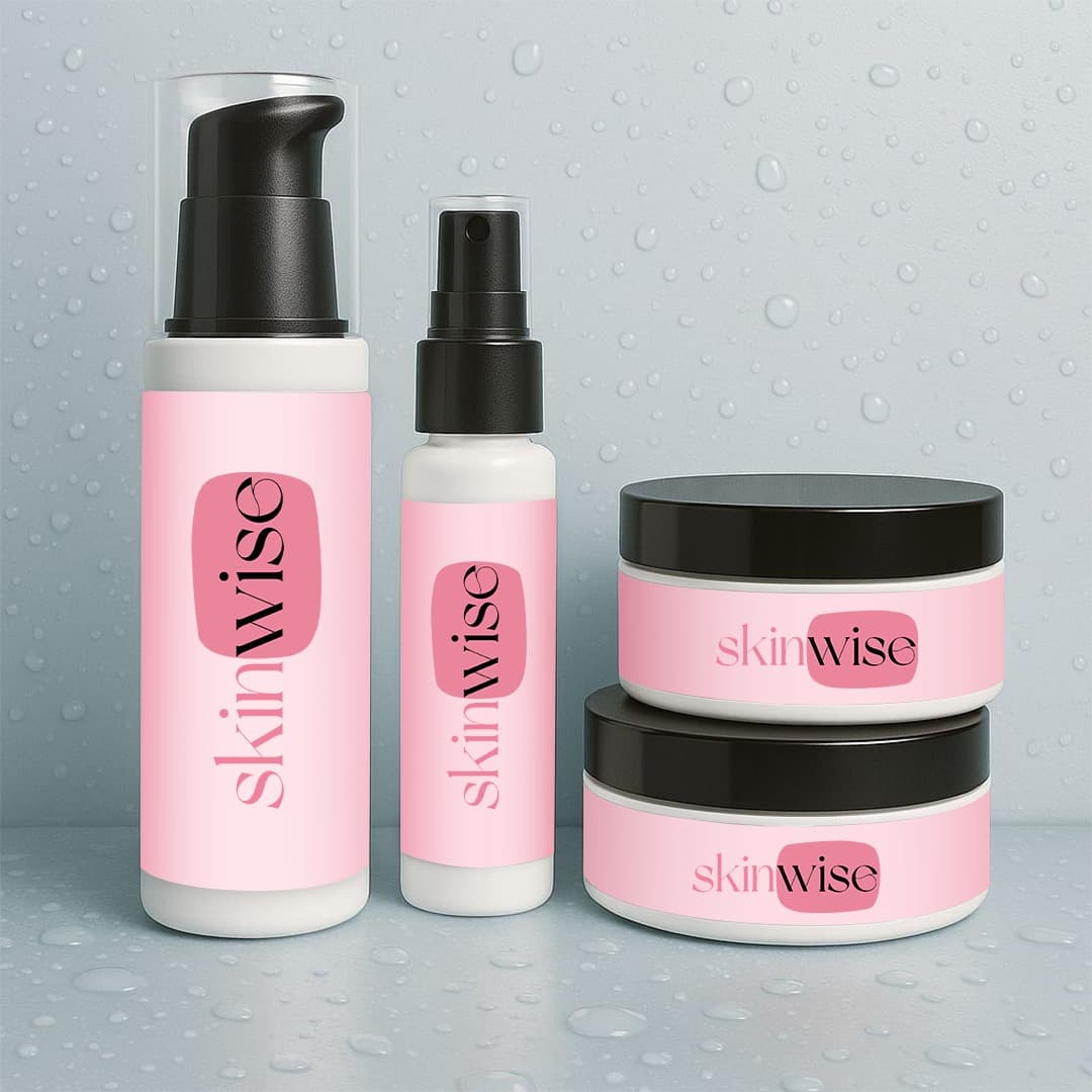 Skinwise cleanser, toner spray, and two cream jars with rose-pink labels on a water-speckled grey backdrop